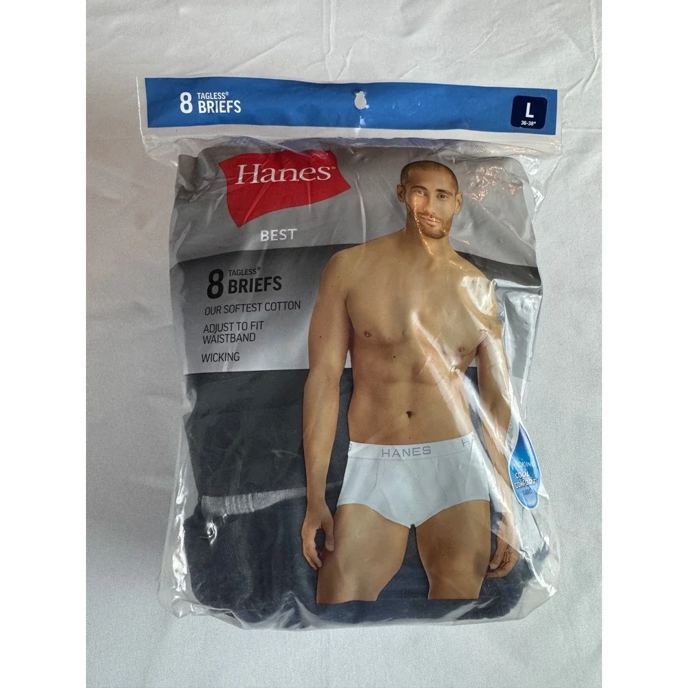 Hanes Men's Large 8 Pack Tagless Cotton Briefs Cool Comfort Moisture Wicking NWT